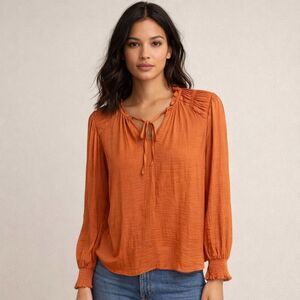 Maison D'Amélie Tunic Blouse Womens Medium Orange Boho Ruffle Long Sleeve Top